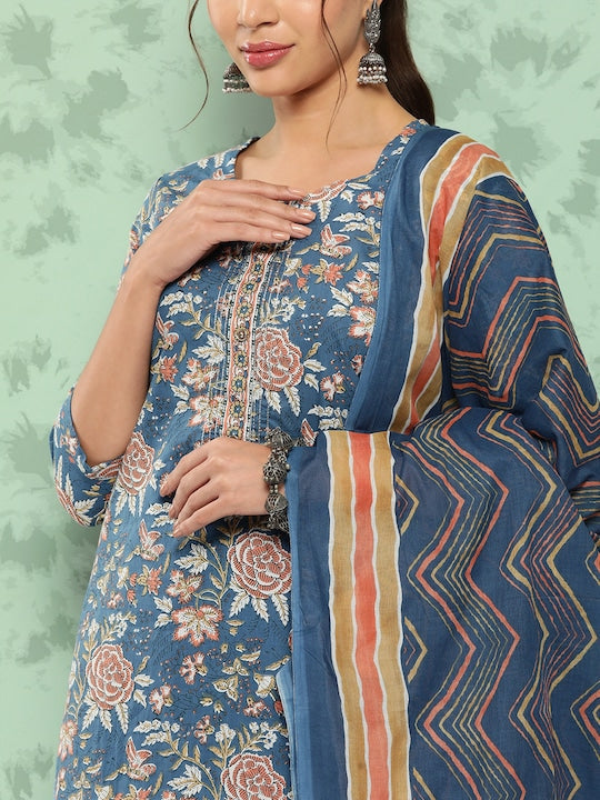 Yufta Floral Printed Thread Work Pure Cotton Kurta With Trousers & With Dupatta