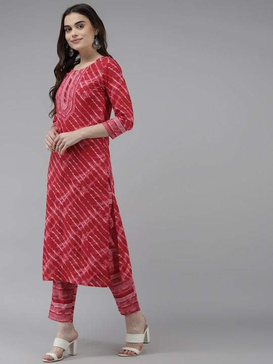Yufta Women Red Pure Cotton Leheriya Printed Kurta with Palazzos & Dupatta