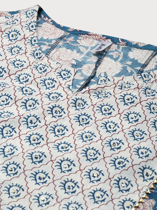 Yufta Women Navy Blue Floral Printed Sequinned Pure Cotton Kurta with Palazzos & With Dupatta