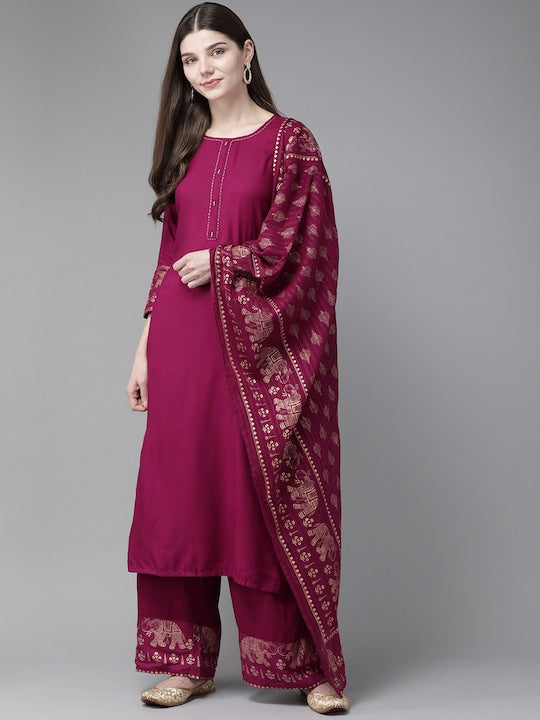 Yufta Women Maroon & Golden Pure Cotton Solid Kurta with Palazzos & Dupatta
