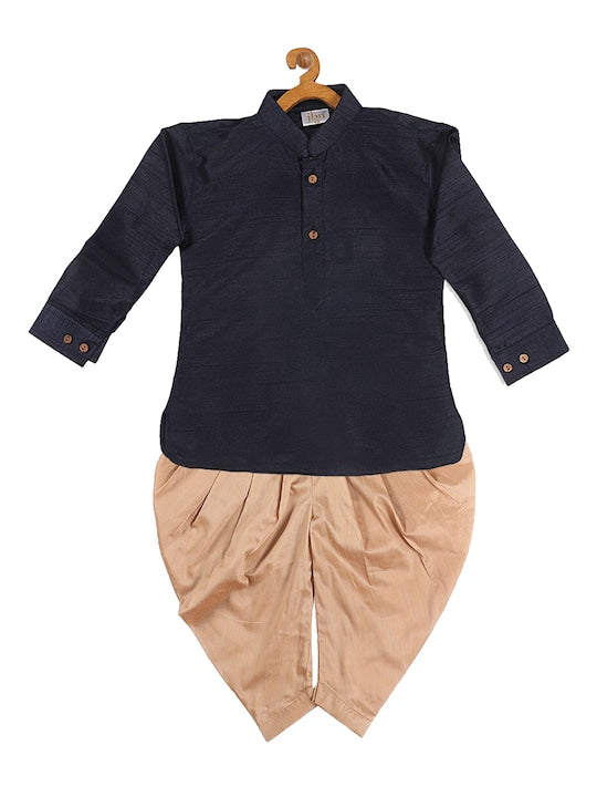 Vastramay Sishu Boys Navy Blue & Golden Silk Blend Kurta with Dhoti Pants