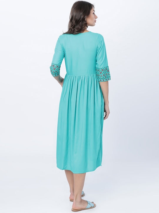Vishudh Women Sea Green Printed Fit and Flare Dress