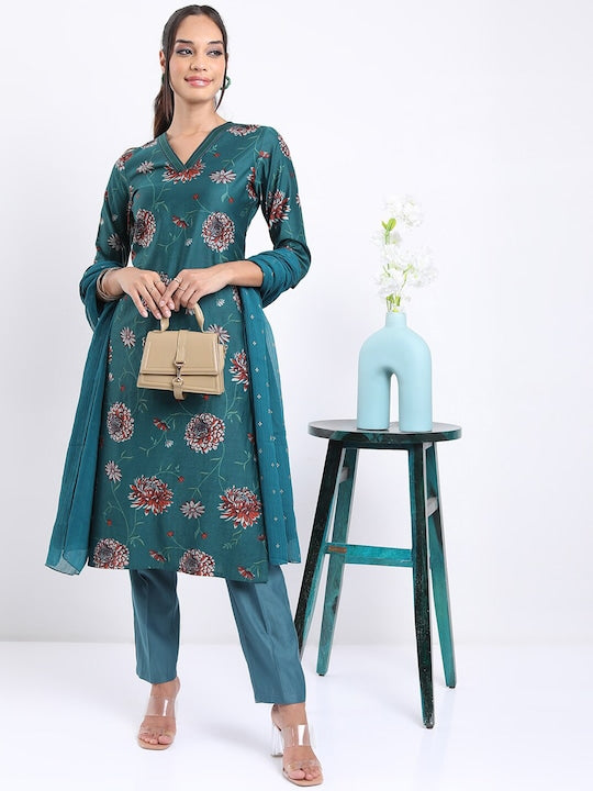 Vishudh Teal Floral Printed Straight Kurta with Trousers With Dupatta