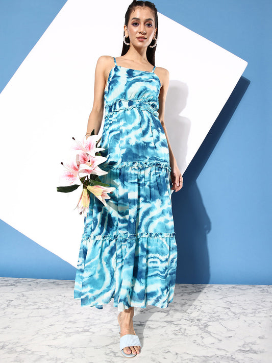 All about you Sea Blue Abstract Printed Vacay Chill Holiday Hype Tiered Maxi Dress