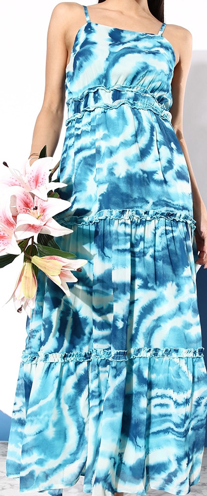 All about you Sea Blue Abstract Printed Vacay Chill Holiday Hype Tiered Maxi Dress