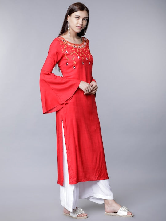 Vishudh Women Red Solid Straight Kurta