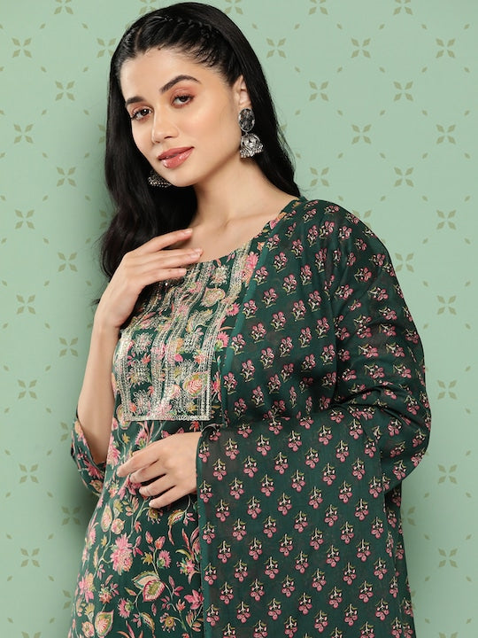 Yufta Women Floral Embroidered Regular Gotta Patti Pure Cotton Kurta Set