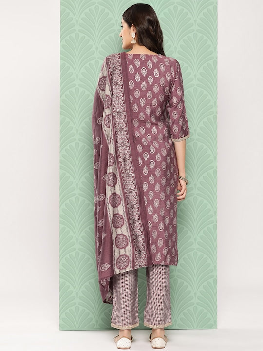 Yufta Women Floral Yoke Design Regular Chanderi Silk Kurta with Trousers & Dupatta