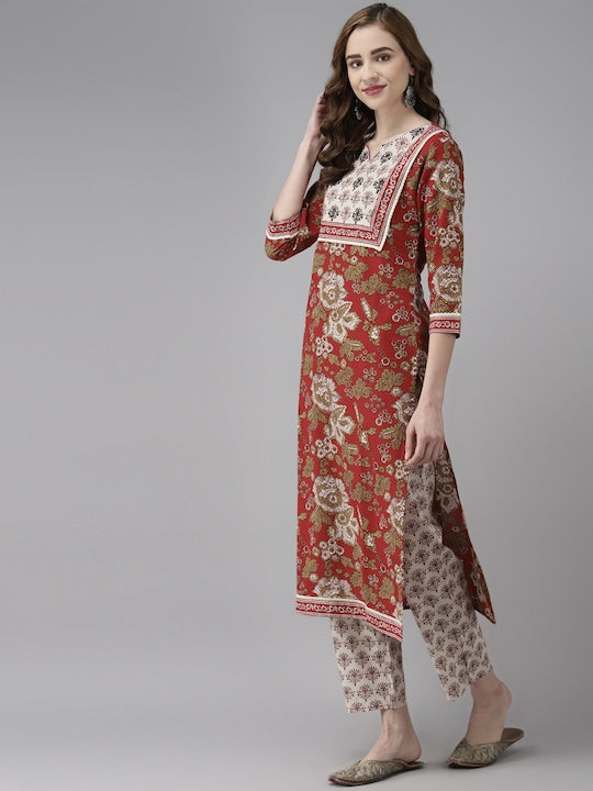 Yufta Women Maroon Floral Printed Regular Thread Work Pure Cotton Kurta with Palazzos & With Dupatta