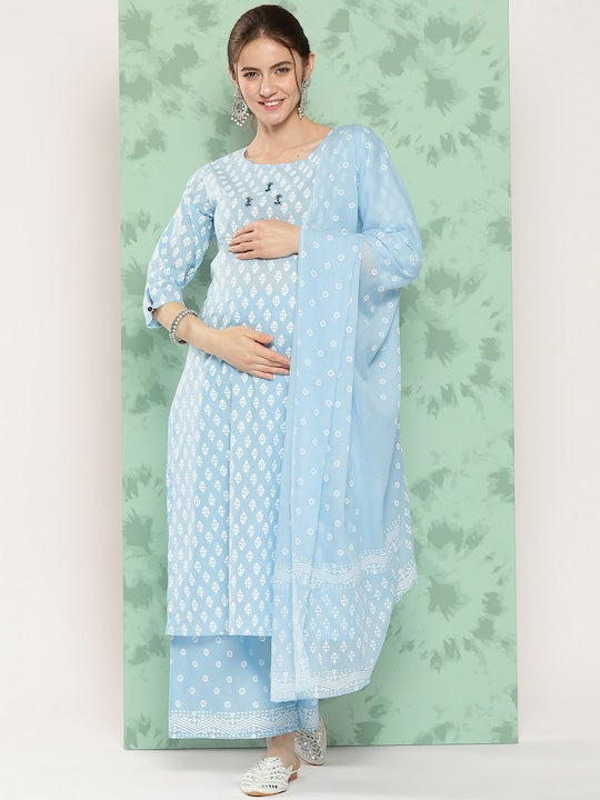 Yufta Ethnic Motifs Embroidered Thread Work Pure Cotton Kurta With Palazzos & With Dupatta