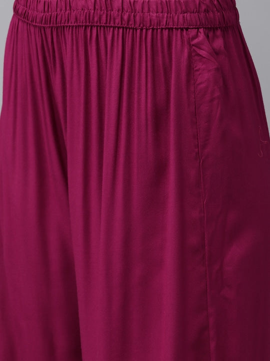 Yufta Women Maroon & Golden Pure Cotton Solid Kurta with Palazzos & Dupatta