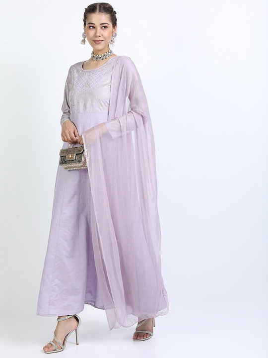 Vishudh Women Mauve Ethnic Motifs Printed A-Line Kurta With Dupatta