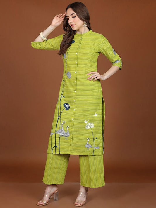 Vishudh Lime Green Striped Regular Pure Cotton Kurta With Palazzos