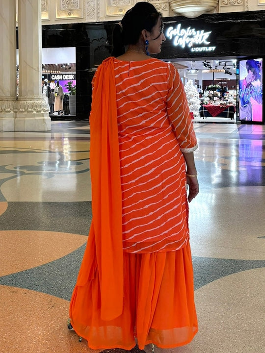 AKS Couture Leheriya Striped Regular Thread Work Kurta with Sharara & Dupatta