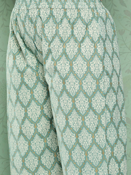 Yufta Plus Size Ethnic Motifs Printed Regular Pure Cotton Kurta With Trousers & Dupatta