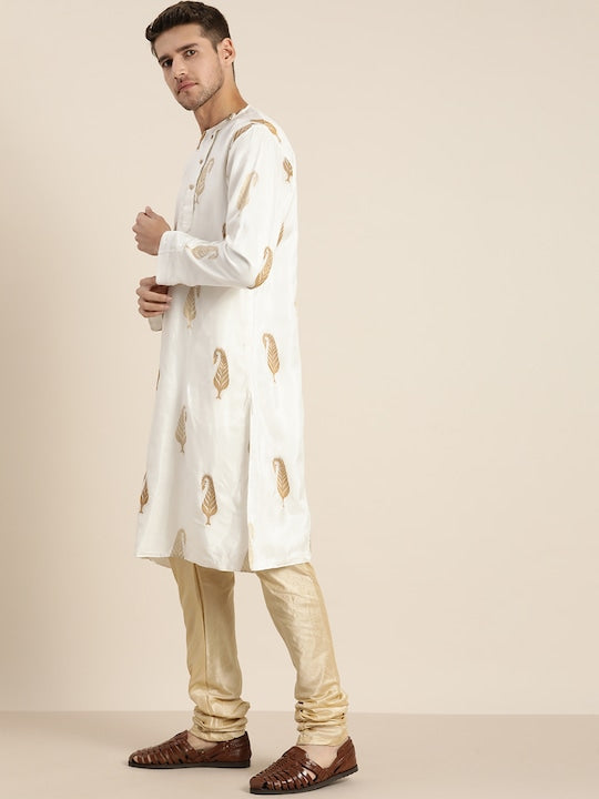 Vastramay Men White & Golden Paisley Printed Kurta with Churidar