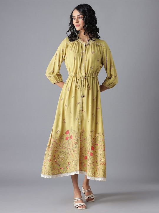 Aurelia Olive Green Ethnic Motifs A-Line Midi Dress