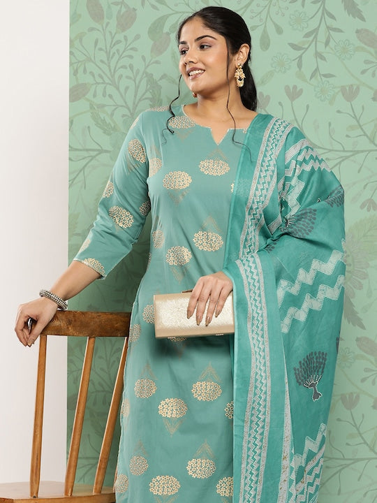 Yufta Plus Size Ethnic Motifs Printed Regular Pure Cotton Kurta With Trousers & Dupatta