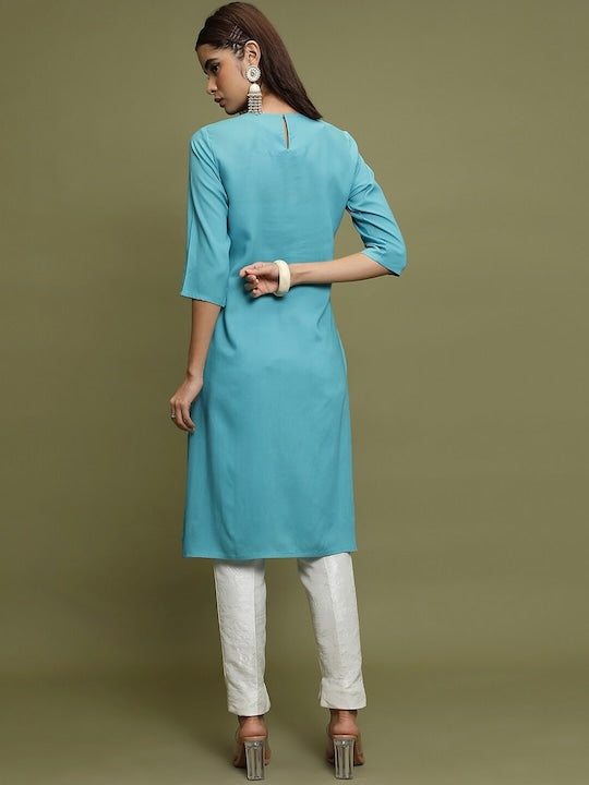Vishudh Blue Floral Yoke Design Thread Work Straight Kurta