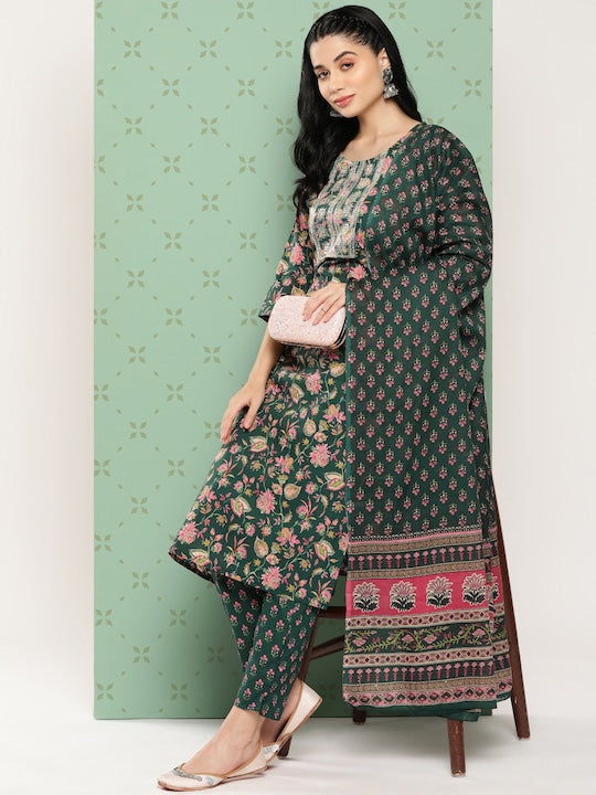 Yufta Women Floral Embroidered Regular Gotta Patti Pure Cotton Kurta Set