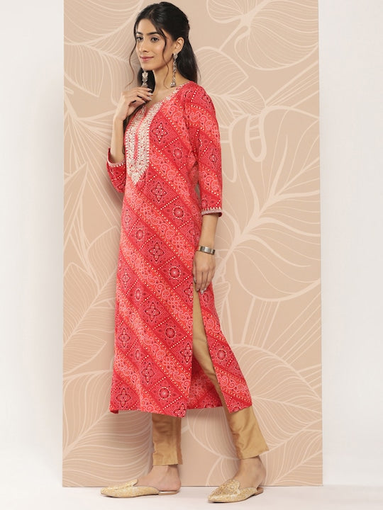 Yufta Bandhani Printed Gotta Patti Kurta Red
