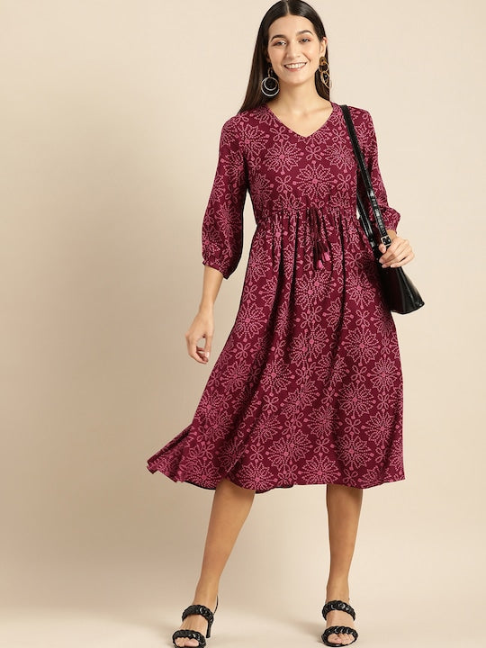 All about you Maroon & Pink Bandhani Printed A-Line Midi Dress