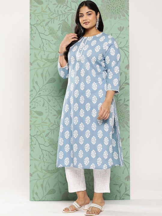 Yufta Plus Size Ethnic Motifs Printed Pure Cotton Kurta with Trousers & With Dupatta