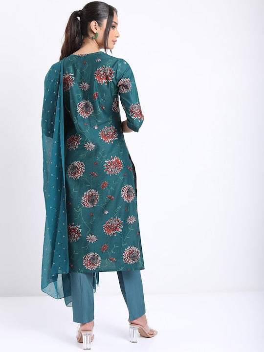 Vishudh Teal Floral Printed Straight Kurta with Trousers With Dupatta