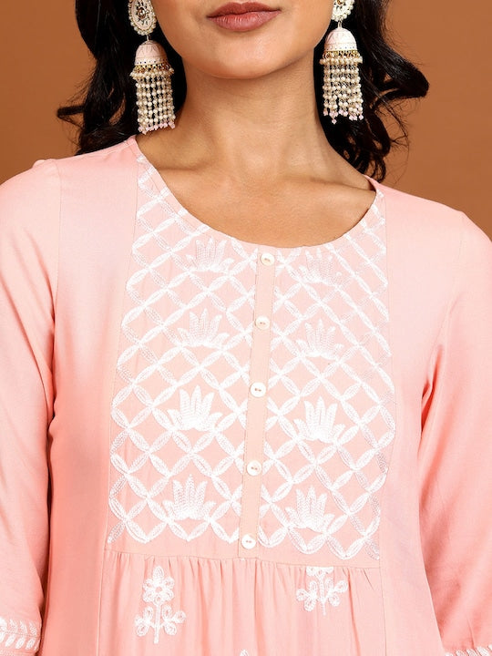Vishudh Peach-Coloured Floral Embroidered Straight Kurta with Palazzos