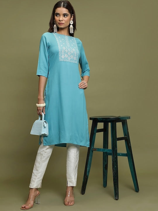 Vishudh Blue Floral Yoke Design Thread Work Straight Kurta