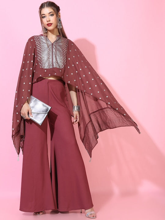 Vishudh Women Maroon Printed Top with Palazzo