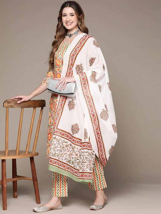 Anubhutee Women Green Floral Printed Sequinned Pure Cotton Kurta with Trousers & Dupatta