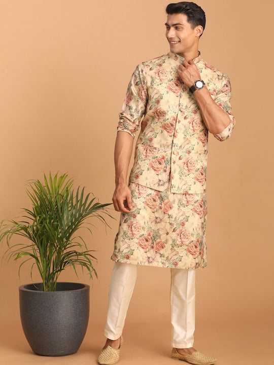 Vastramay Floral Printed Kurta with Pyjamas with Nehru Jacket