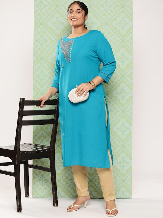 Yufta Women Plus Size Geometric Embroidered Kurta