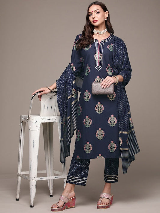 Anubhutee Women Navy Blue Ethnic Motifs Printed Gotta Patti Pure Cotton Kurta with Trousers & With Dupatta