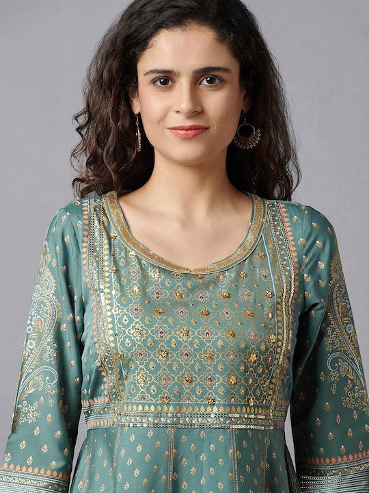 Aurelia Green & Gold-Toned Ethnic Motifs Printed A-Line Midi Dress