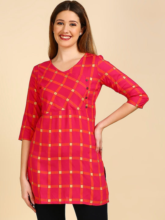 Anubhutee Magenta & Orange Checked Angrakha Kurti