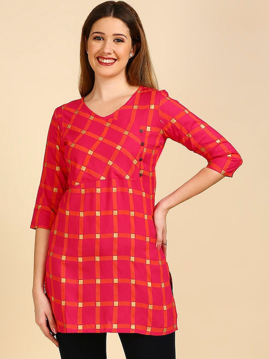 Anubhutee Magenta & Orange Checked Angrakha Kurti