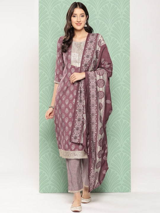 Yufta Women Floral Yoke Design Regular Chanderi Silk Kurta with Trousers & Dupatta