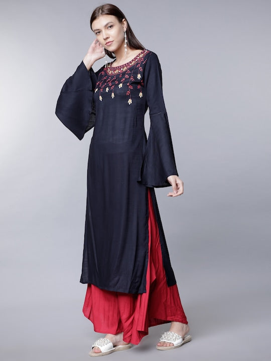 Vishudh Women Navy Blue & Red Solid Straight Kurta