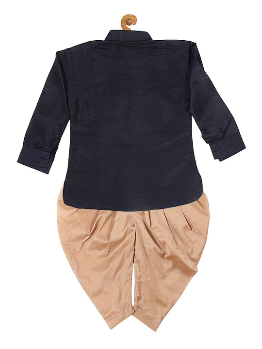 Vastramay Sishu Boys Navy Blue & Golden Silk Blend Kurta with Dhoti Pants