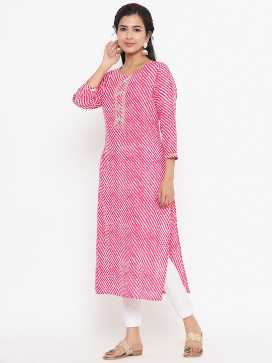 Yufta Women Pink Ethnic Motifs Printed Thread Work Kurta