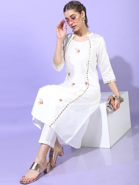 Vishudh Women White Ethnic Motifs Embroidered Panelled Mirror Work Kurta with Trousers