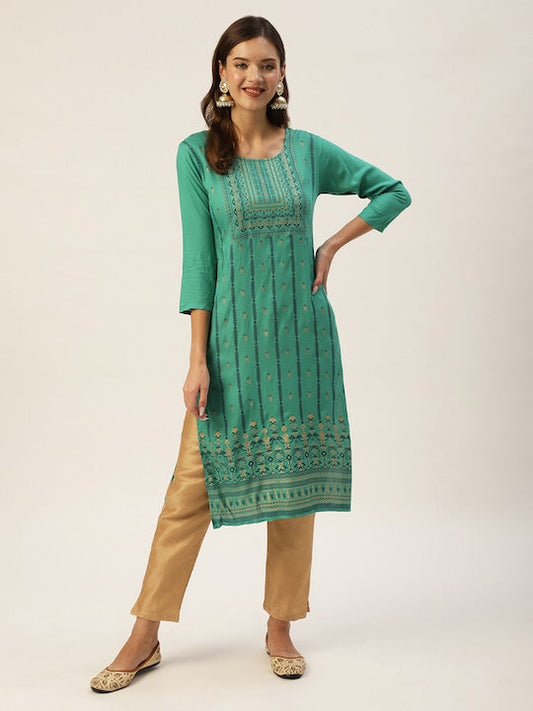 Anubhutee Women Green & Gold Toned Ethnic Motifs Printed Straight Kurta