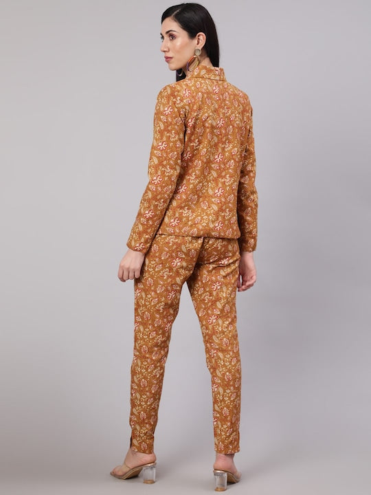 AKS Floral Printed Pure Cotton Blazer & Pant Co-Ords Set