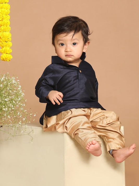 Vastramay Sishu Boys Navy Blue & Golden Silk Blend Kurta with Dhoti Pants