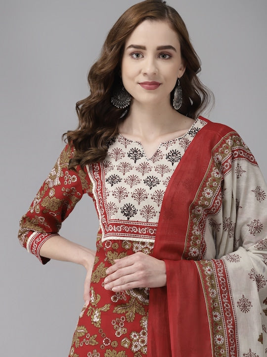 Yufta Women Maroon Floral Printed Regular Thread Work Pure Cotton Kurta with Palazzos & With Dupatta