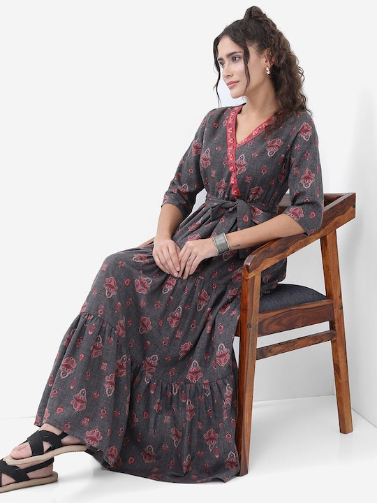 Vishudh Charcoal Ethnic Motif Printed Tiered Fit & Flare Midi Ethnic Dress