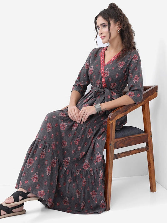 Vishudh Charcoal Ethnic Motif Printed Tiered Fit & Flare Midi Ethnic Dress