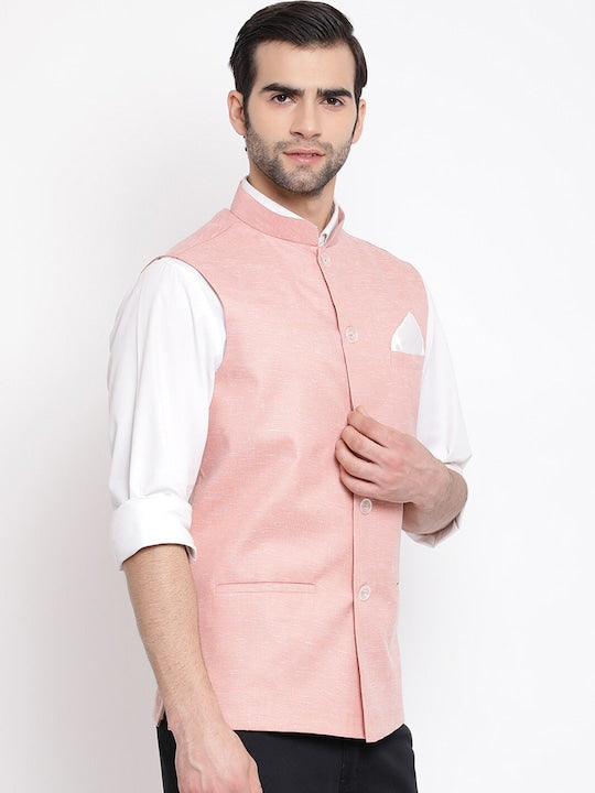 Vastramay Men Peach Coloured Woven Design Nehru Jacket